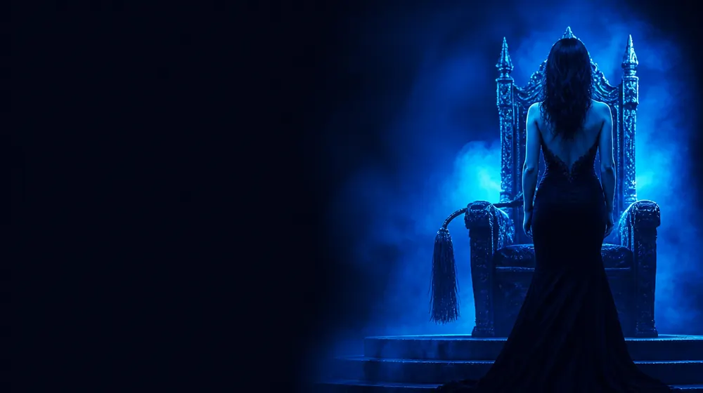 Flogging OnlyFans creators — woman in a black gown before a throne in blue light, a suede flogger draped over the armrest