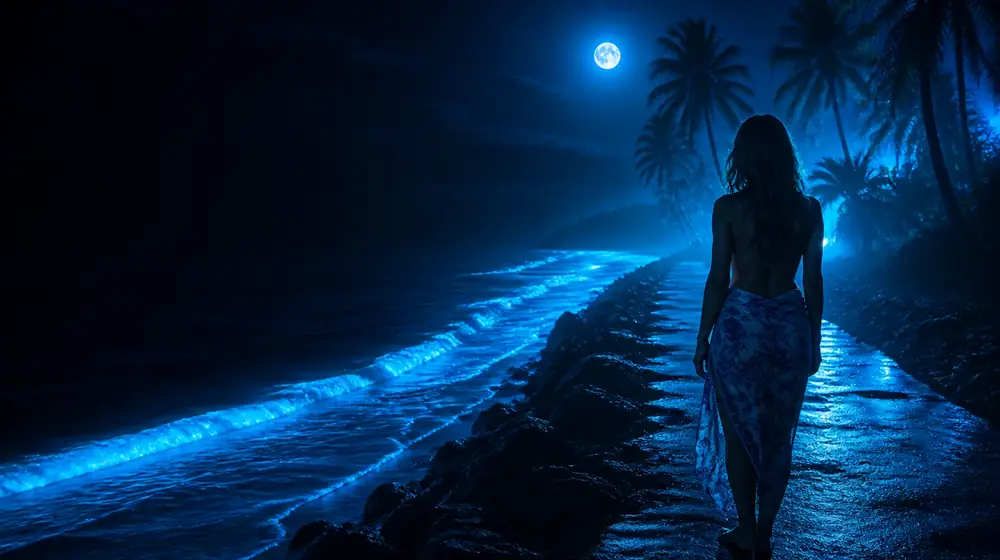 Florida OnlyFans creators — woman in a sarong on a moonlit beach with glowing surf, palms and glowing surf beside the causeway