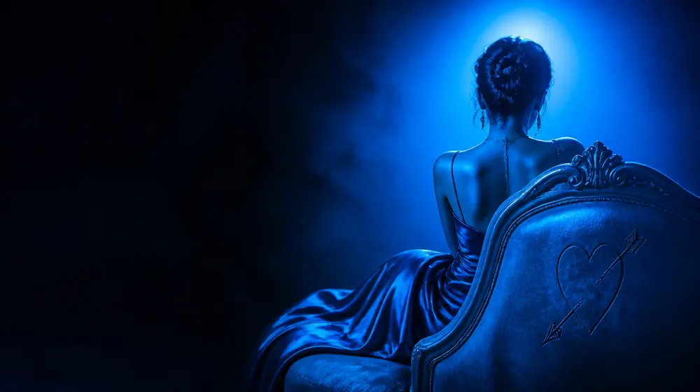 For Sex OnlyFans creators — woman in a silk slip dress reclining on a chaise longue, an arrowed heart carved on the headboard
