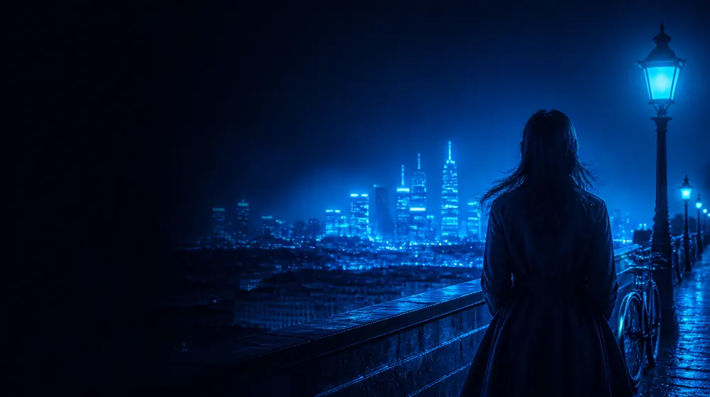 Fort Collins OnlyFans creators — woman on a rooftop overlooking a glowing skyline, bicycles leaning along the lamplit old town
