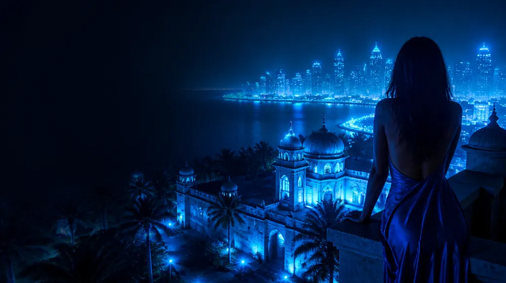 Fort Myers OnlyFans creators — woman on a rooftop overlooking a glowing skyline, a lantern-lit historic estate among royal palms