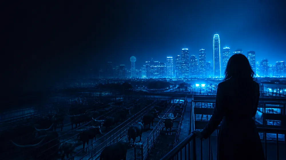 Fort Worth OnlyFans creators — woman on a rooftop overlooking a glowing skyline, longhorn cattle pens of the old stockyards below