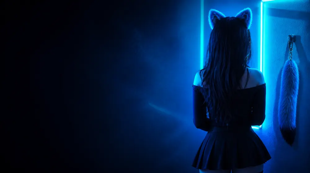 Fox OnlyFans creators — woman with a bunny-ear headband in soft neon light, a fox-tail clip hanging on the hook