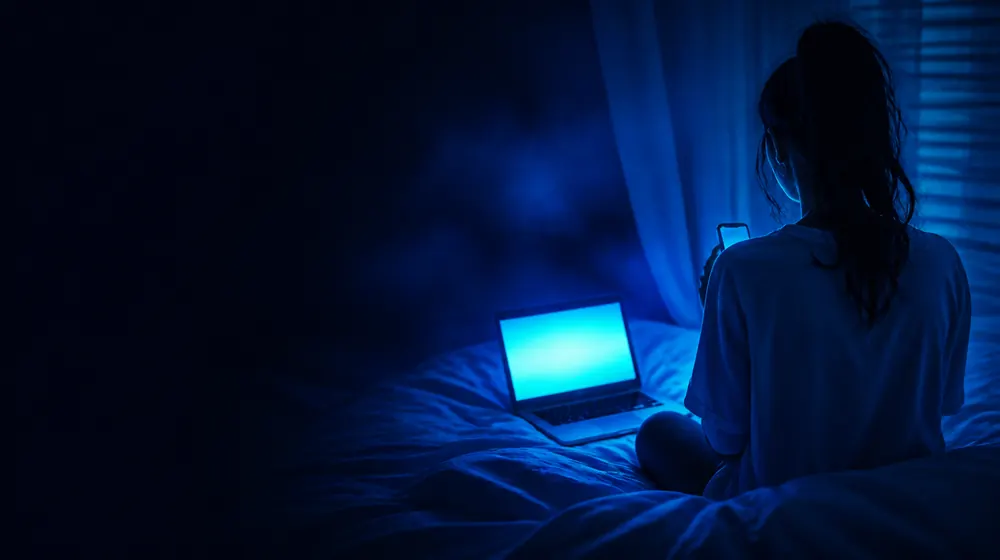 Free Pages OnlyFans creators — woman on a bed lit by a smartphone glow, an open laptop glowing on the duvet
