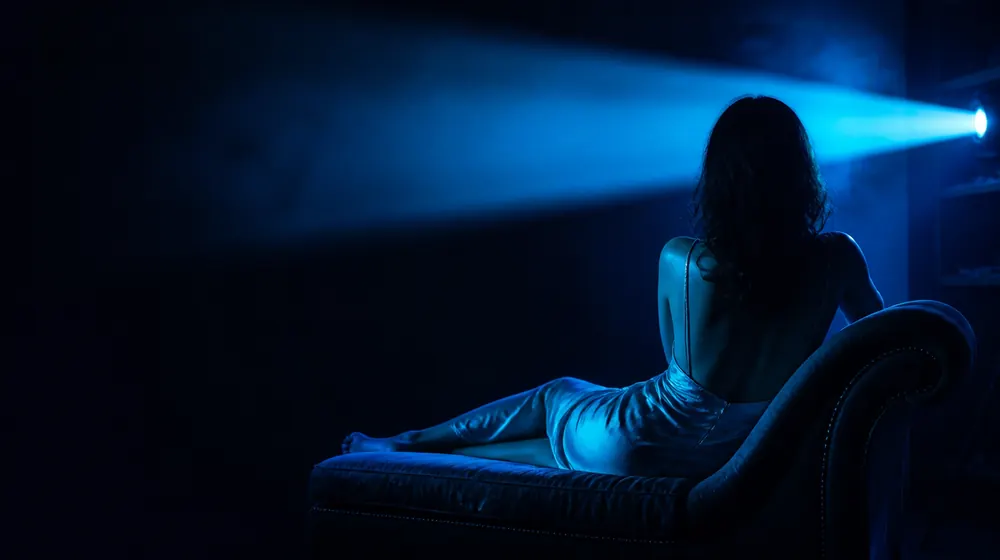 Free Porn OnlyFans creators — woman in a silk slip dress reclining on a chaise longue, a projector beam cutting the dark room