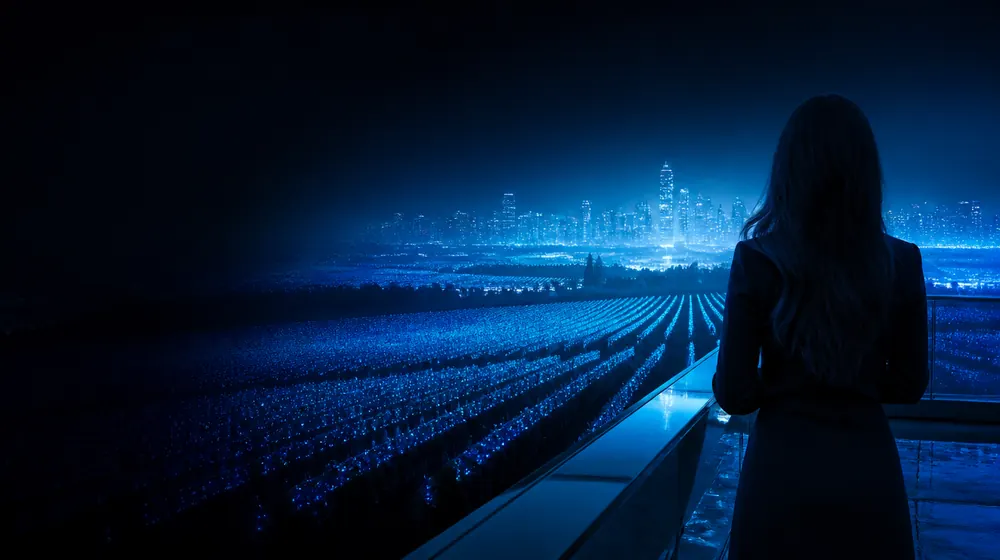 Fresno OnlyFans creators — woman on a rooftop overlooking a glowing skyline, raisin-vineyard rows glittering to the horizon
