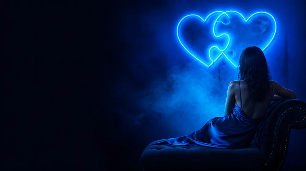 Fucking OnlyFans creators — woman in a silk slip dress reclining on a chaise longue, two puzzle-heart neons interlocked on the wall