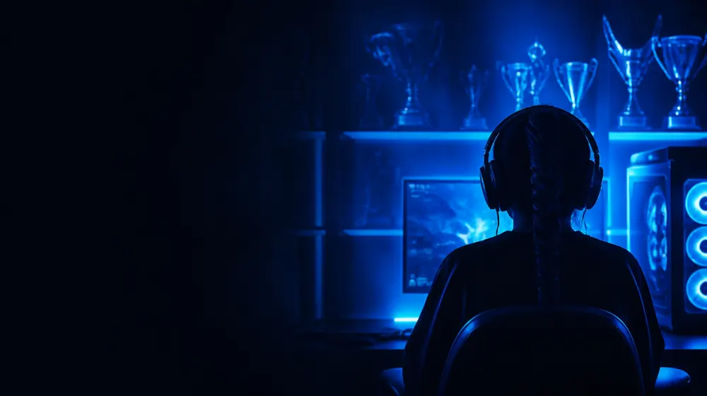 Gamer OnlyFans creators — woman with a headset at a glowing battlestation, shelf trophies and a glowing pc tower