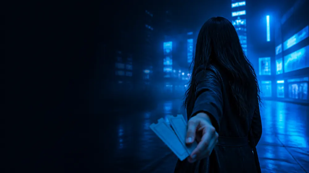 Girlfriend Experience OnlyFans creators — woman reaching her hand back on a neon city street, two cinema tickets tucked in her hand