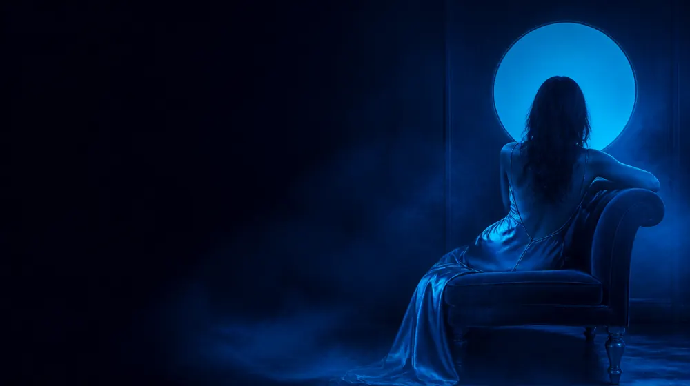 OnlyFans tvůrci v nice Gloryhole — žena v hedvábných šatech na ramínka spočívající na lenošce, osamocený kruh světla v temném prostoru