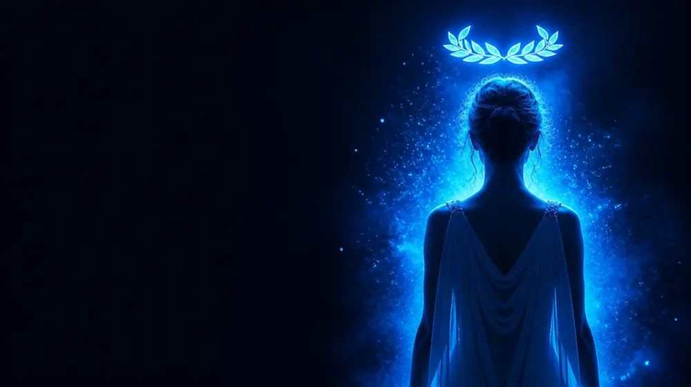 Goddess OnlyFans creators — silhouette surrounded by a glowing aura of light particles, a laurel crown floating above the aura