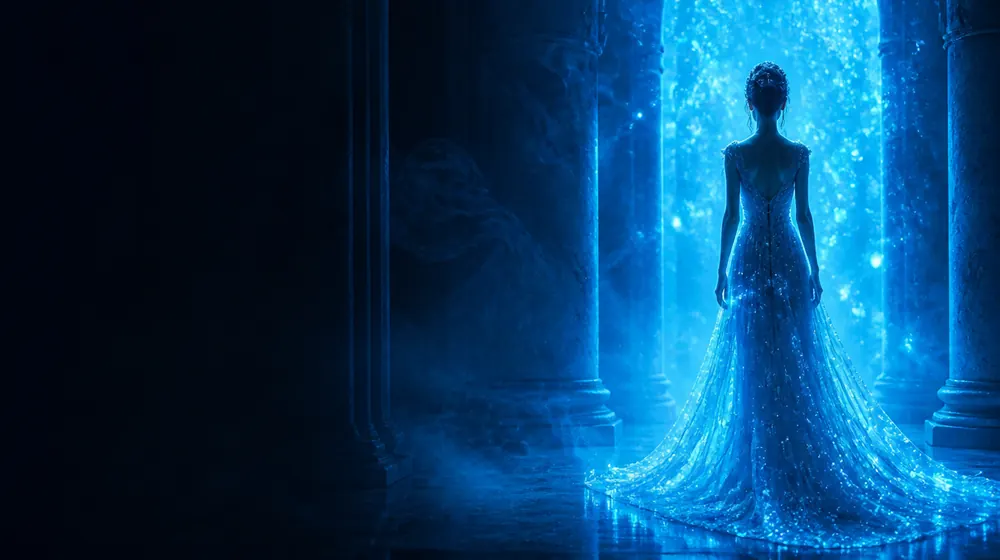 Godess OnlyFans creators — silhouette surrounded by a glowing aura of light particles, marble columns framing the glowing figure