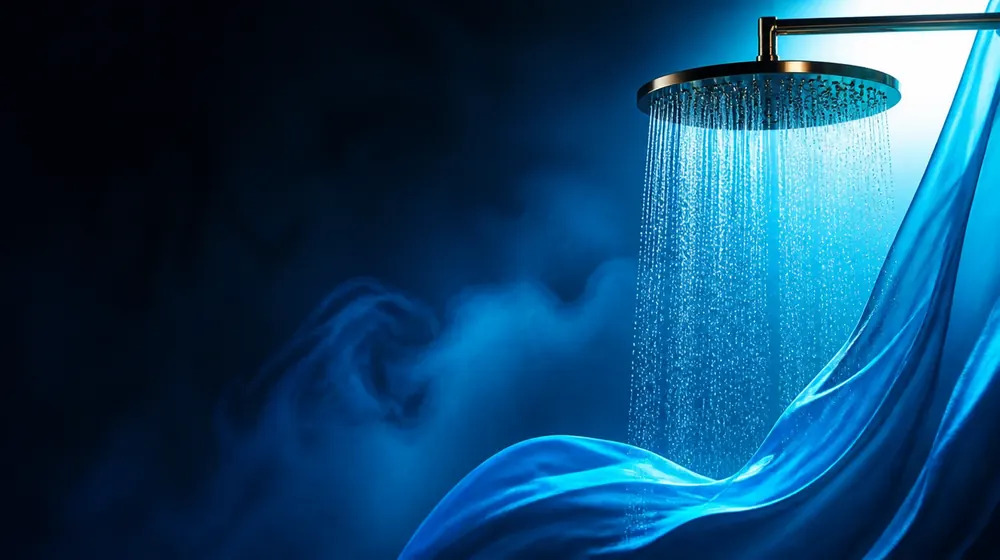 Golden Shower OnlyFans creators — silk fabric rippling in cool blue light, a gilded rainfall shower head glowing