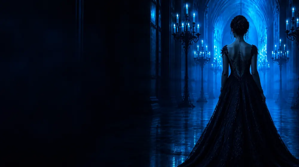 Goth Girl OnlyFans creators — woman in a black gown in a candle-lit gothic hall, wrought-iron candelabras along the aisle