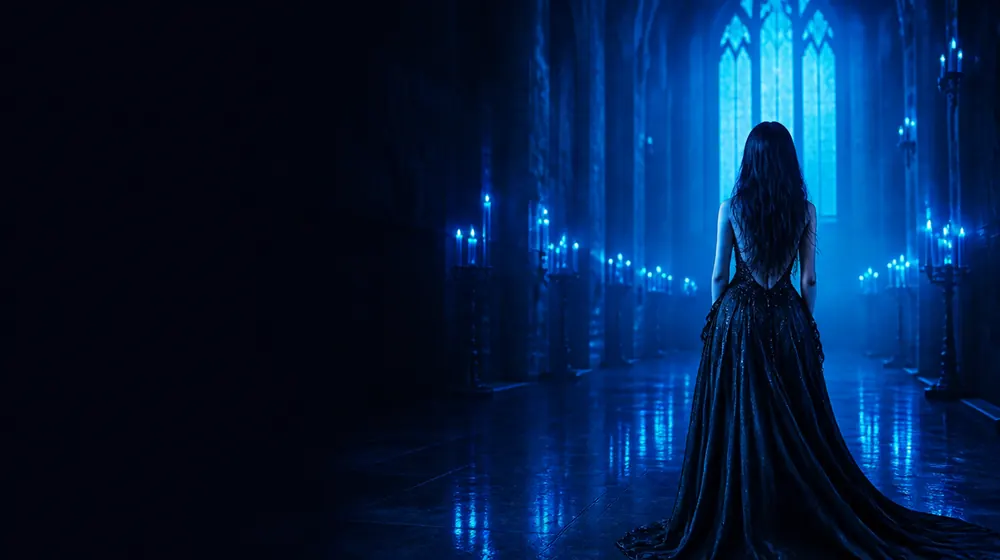 Goth OnlyFans creators — woman in a black gown in a candle-lit gothic hall