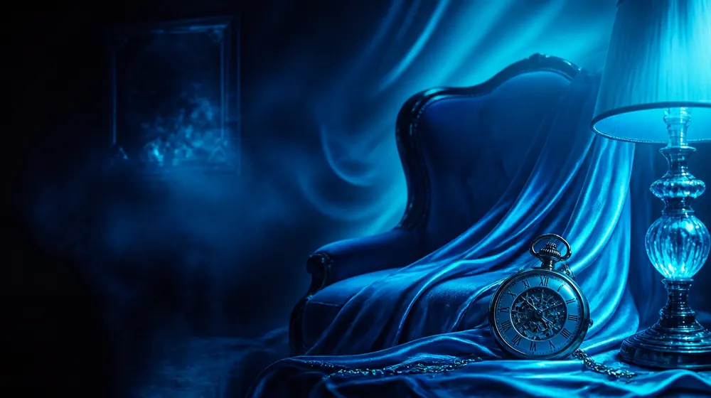 Grandpa OnlyFans creators — silk fabric rippling in cool blue light, a pocket watch and armchair in lamplight