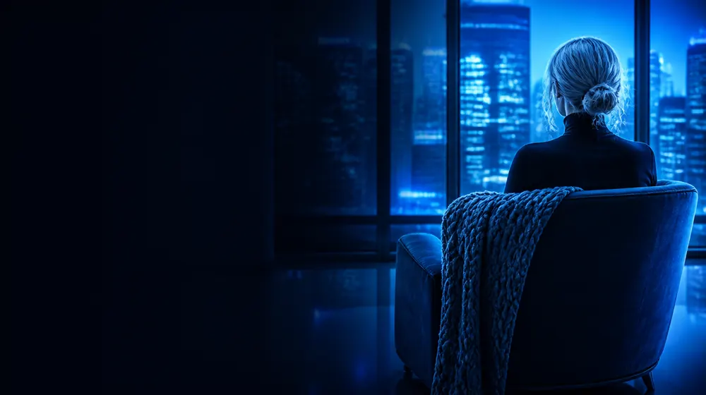 Granny OnlyFans creators — silver-haired woman at a grand window with city lights, a knitted throw draped over the armchair