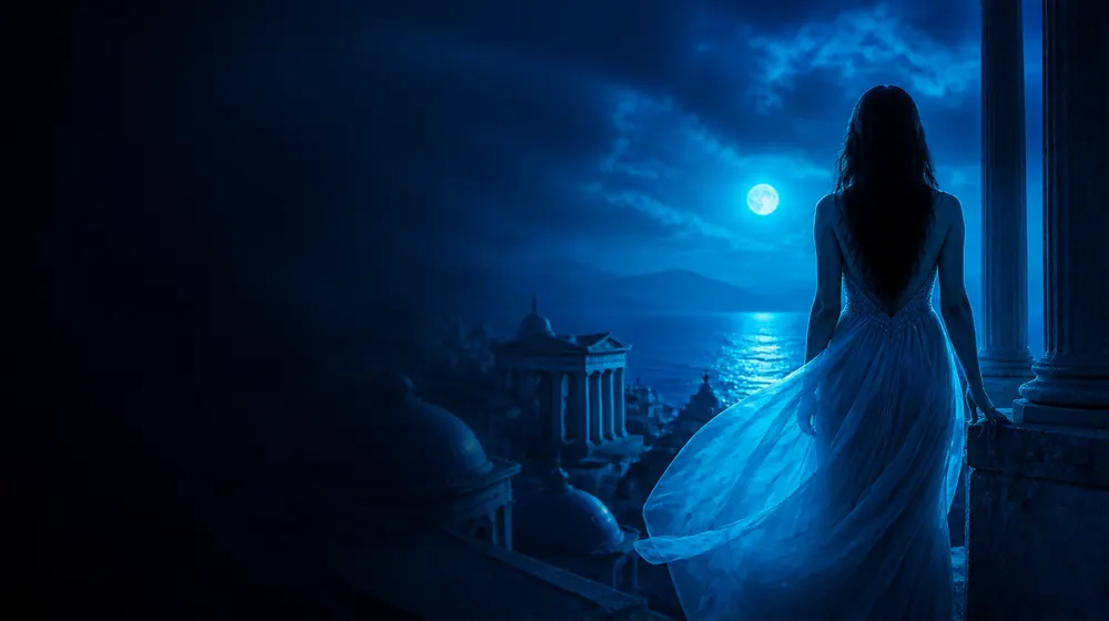 Greek OnlyFans creators — woman among moonlit domes and ancient columns by the sea