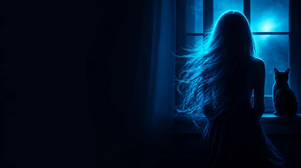 Green Eyes OnlyFans creators — long flowing hair catching bright blue rim light, a black cat watching from the windowsill