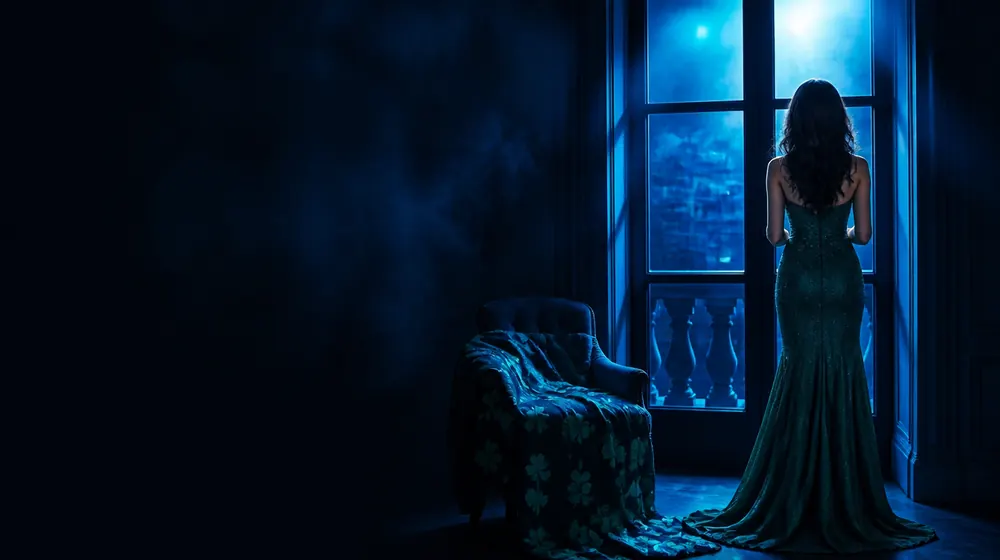 Green OnlyFans creators — woman in a silk slip dress reclining on a chaise longue, clover-patterned silk draped on the chaise