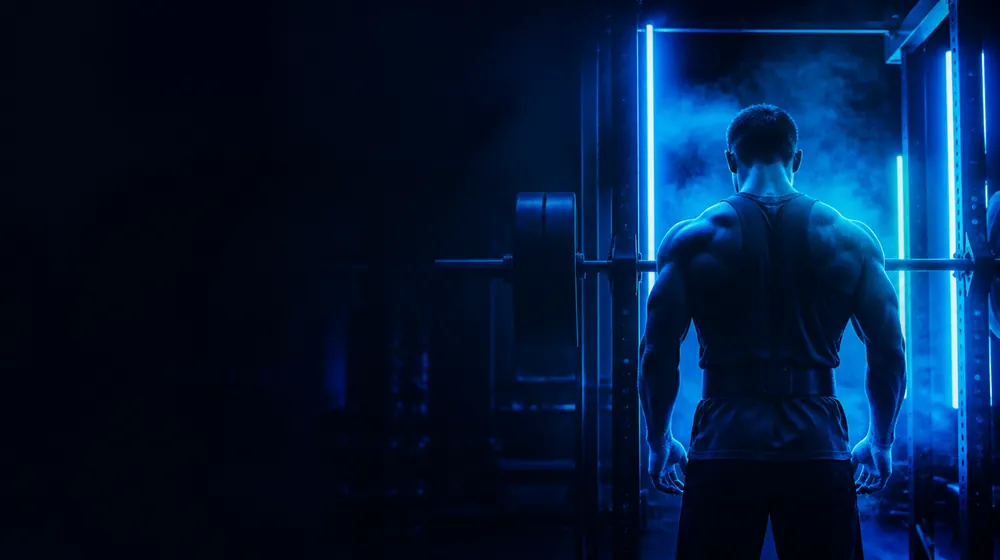 Gym Rat OnlyFans creators — athlete training in a neon-lit gym, chalk dust drifting in the squat rack light