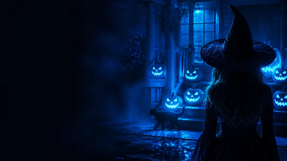 Halloween OnlyFans creators — woman in a witch hat before glowing pumpkins, a black cat crossing the jack-o-lantern porch