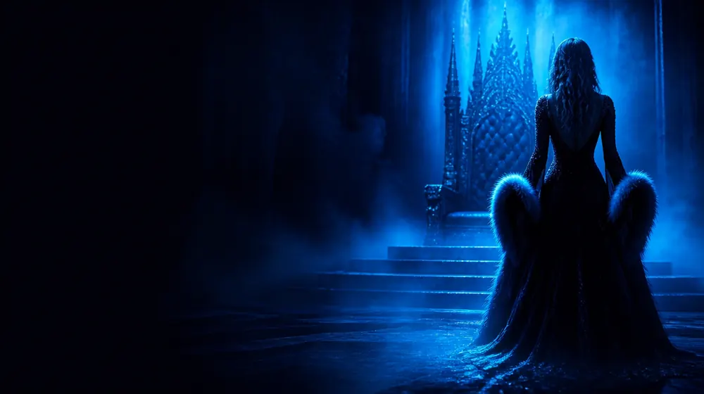 Handcuffs OnlyFans creators — woman in a black gown before a throne in blue light, fur-lined cuffs open on the pillow