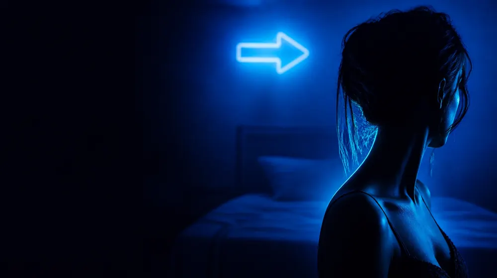 Head On OnlyFans creators — profile of parted lips in blue rim light, a neon arrow pointing down over the bed