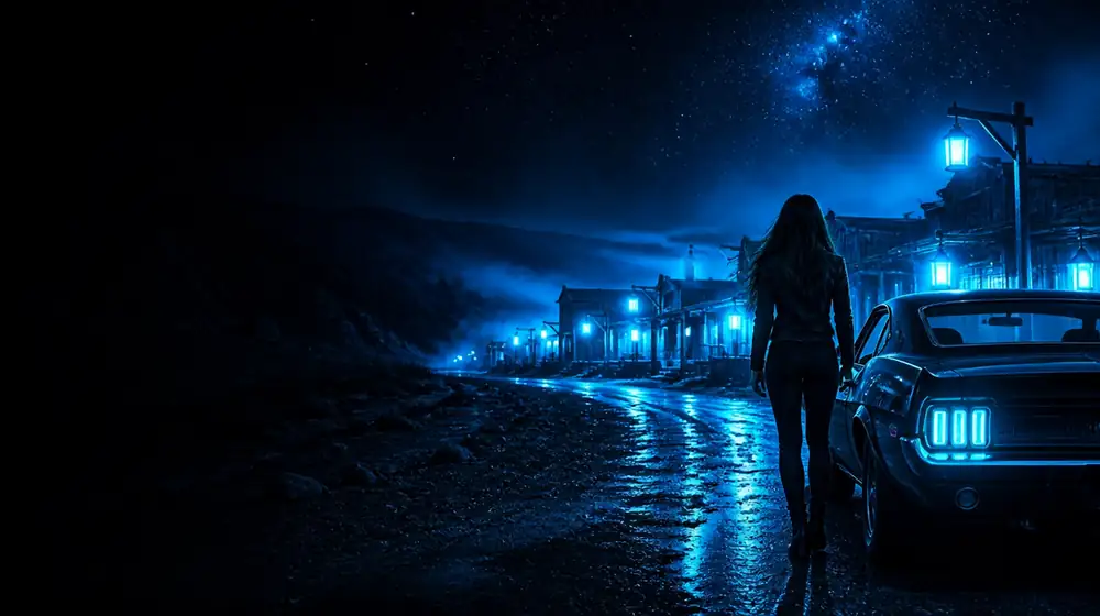 Helena OnlyFans creators — woman beside a classic muscle car on a starlit highway, lantern-lit gulch storefronts of the gold rush