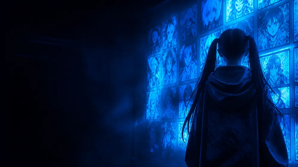 Hentai OnlyFans creators — woman with twin-tail hair in a glowing poster-lined room, a wall of glowing manga panels