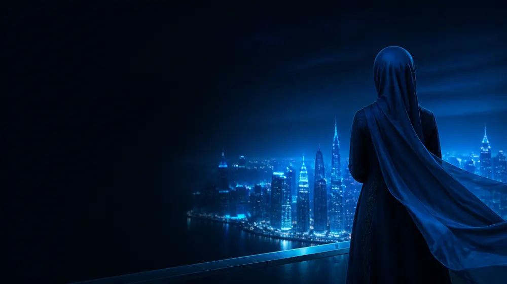 Hijab OnlyFans creators — woman in an elegant hijab overlooking a city skyline at night