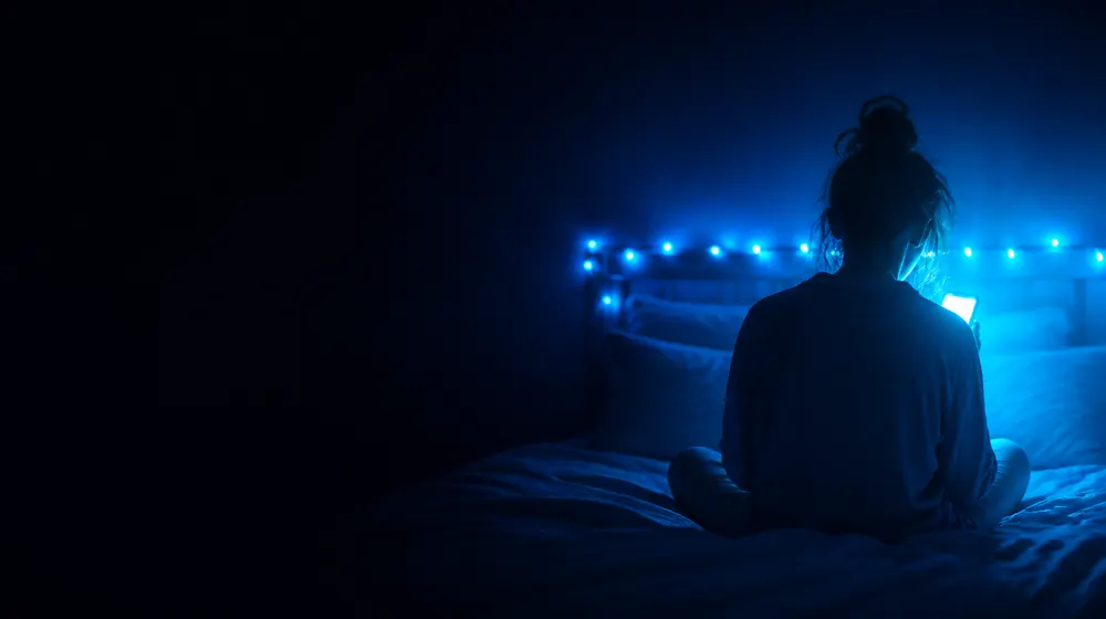 Homemade OnlyFans creators — woman on a bed lit by a smartphone glow, fairy lights strung over the headboard