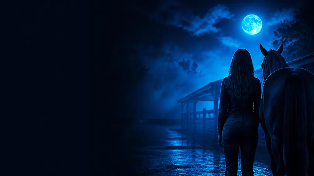 Horse OnlyFans creators — woman beside a horse at a stable in cool moonlight