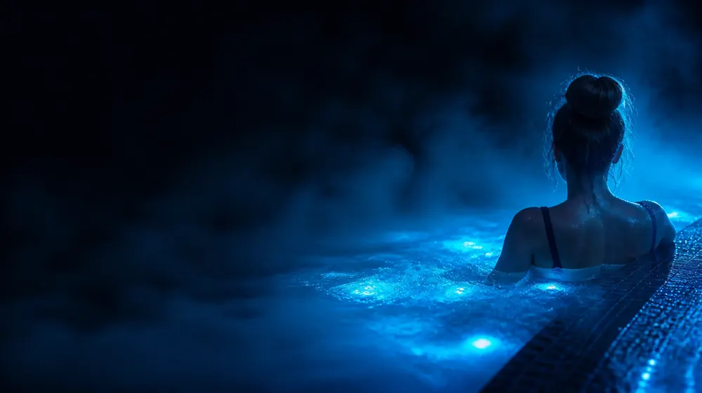 Hot Tub OnlyFans क्रिएटर — रात में चमकते स्विमिंग पूल के किनारे महिला, भाप छोड़ते टब में बुलबुले बनाते जेट