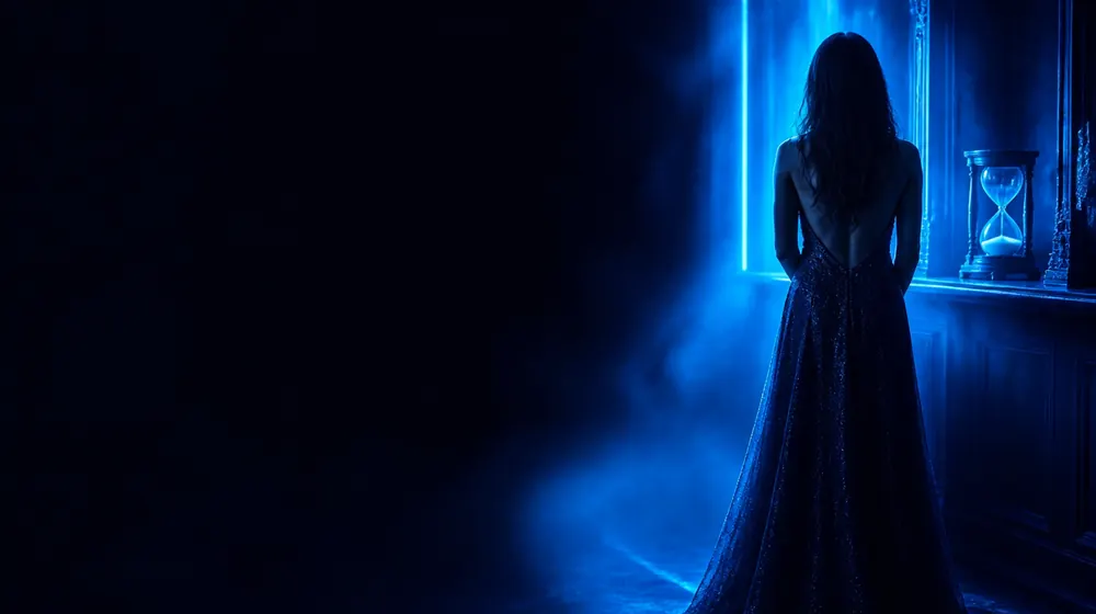 Hourglass OnlyFans-skapere — kvinne i en tettsittende aftenkjole i neonkantlys, et timeglass på hyllen
