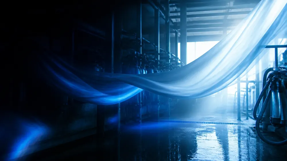 Hucow OnlyFans creators — silk fabric rippling in cool blue light, a milking barn stall dressed in soft light