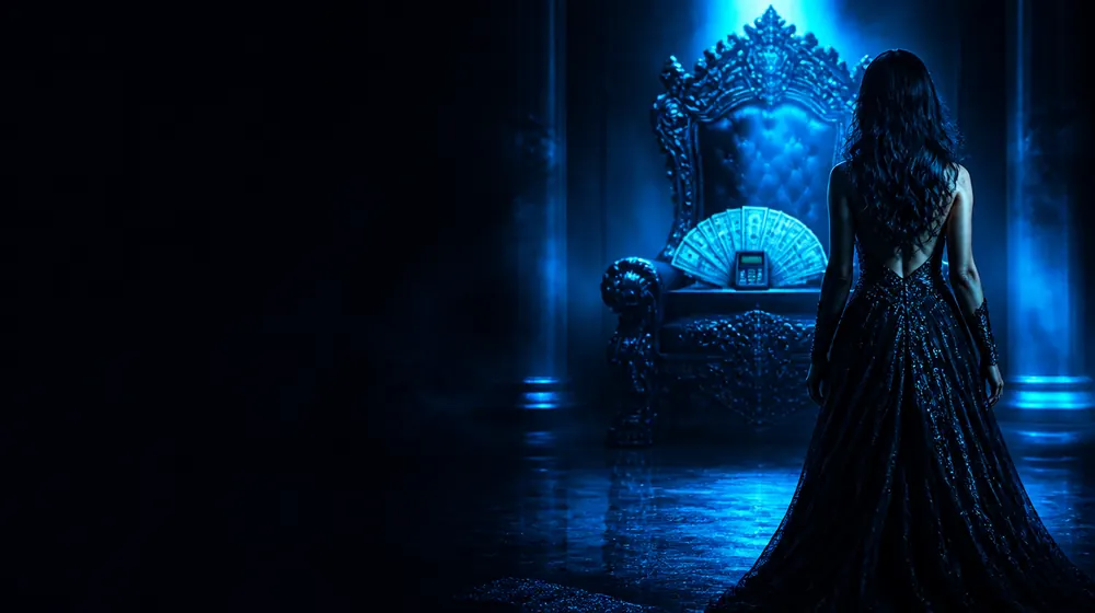 Human Atm OnlyFans creators — woman in a black gown before a throne in blue light, bills fanned from a card reader on the throne
