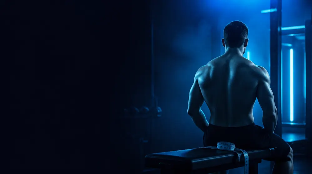 Hung OnlyFans creators — athletic man in a dark gym under neon light, a tailor's measuring tape on the bench