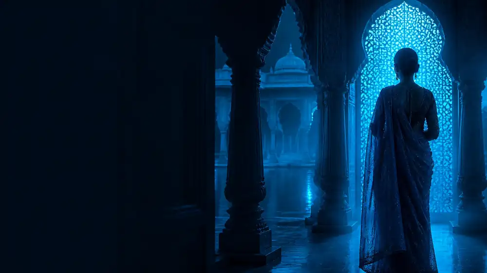 Indian Models OnlyFans creators — woman in a sari before a glowing jali archway, a palace courtyard of carved pillars
