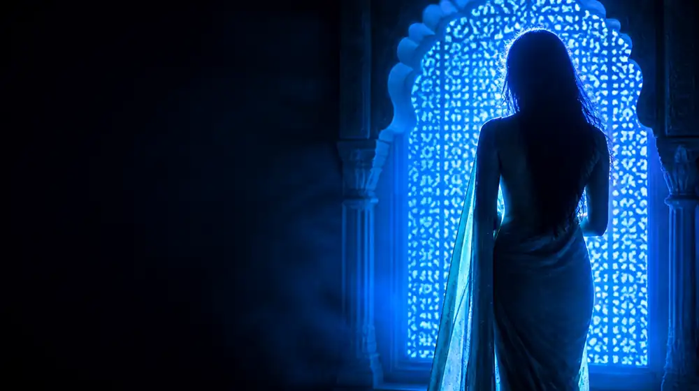 Indian OnlyFans creators — woman in a sari before a glowing jali archway