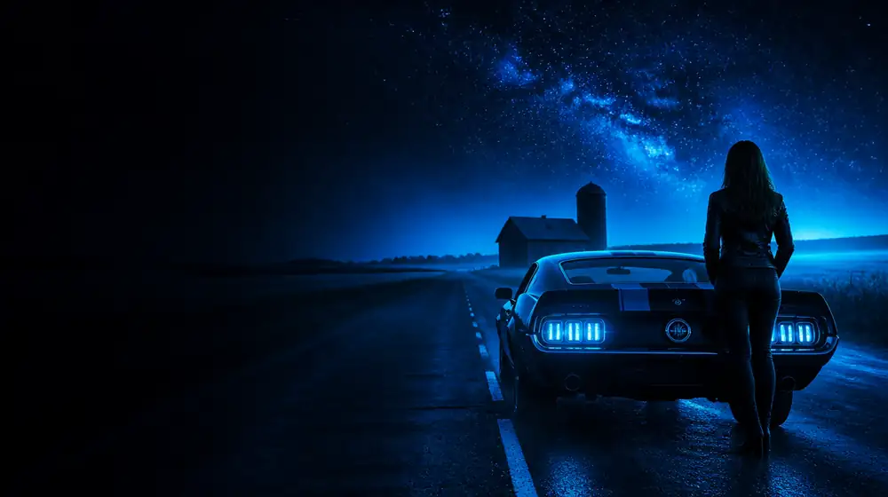 Creator OnlyFans Indiana — donna accanto a una muscle car classica su un'autostrada stellata, un fienile solitario e un silo per il grano nei campi