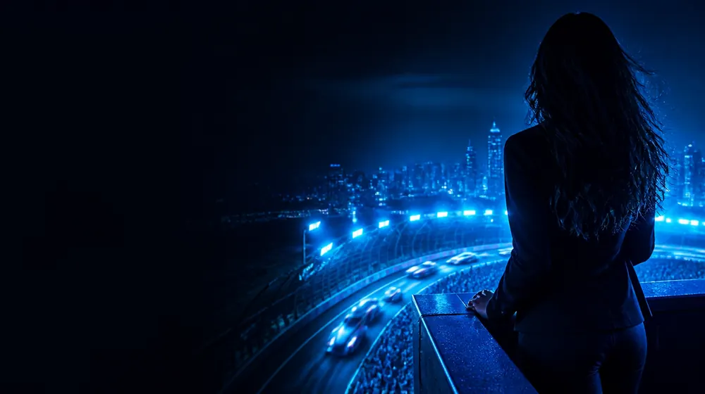 Indianapolis OnlyFans creators — woman on a rooftop overlooking a glowing skyline, race cars streaking the oval under floodlights