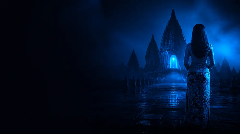 Indonesian OnlyFans creators — woman before an ancient temple on a misty night