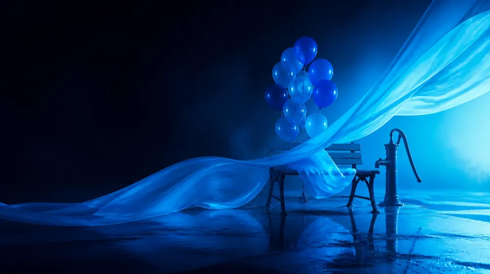 Inflation OnlyFans creators — silk fabric rippling in cool blue light, a hand pump and balloons by the bench