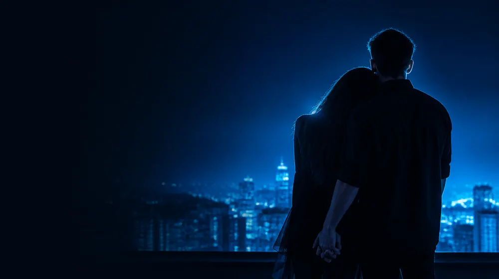Interracial OnlyFans creators — couple embracing on a rooftop above a glowing city, two clasped hands in contrasting rim light