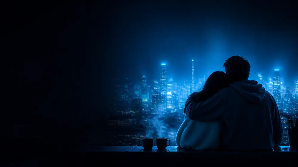 Intimacy OnlyFans creators — couple embracing on a rooftop above a glowing city, two cocoa mugs steaming on the sill