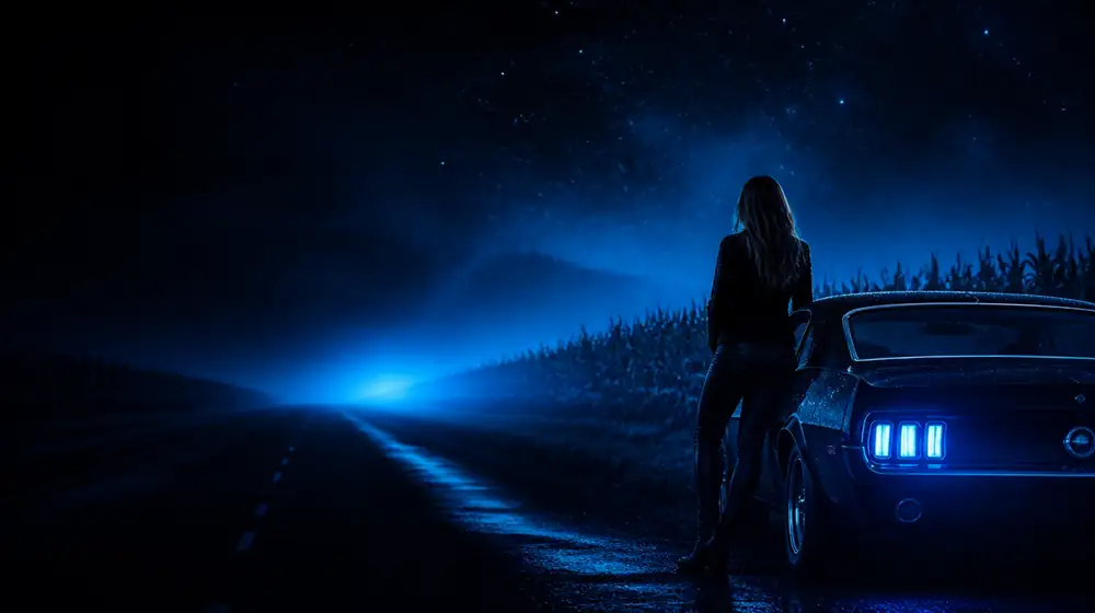 Iowa OnlyFans creators — woman beside a classic muscle car on a starlit highway, endless corn fields swaying under the stars