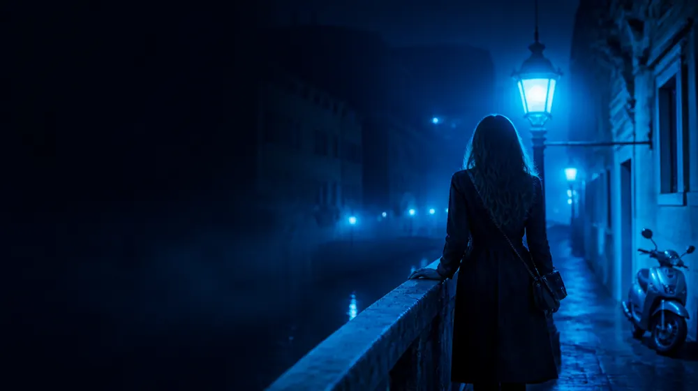Italian OnlyFans creators — woman on a stone canal bridge with lantern glow, a vespa scooter parked on the lantern alley