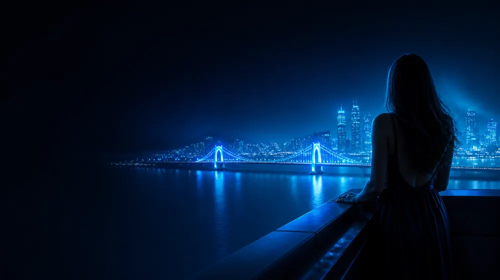 Jacksonville OnlyFans creators — woman on a rooftop overlooking a glowing skyline, a grand arched bridge glowing over the wide river