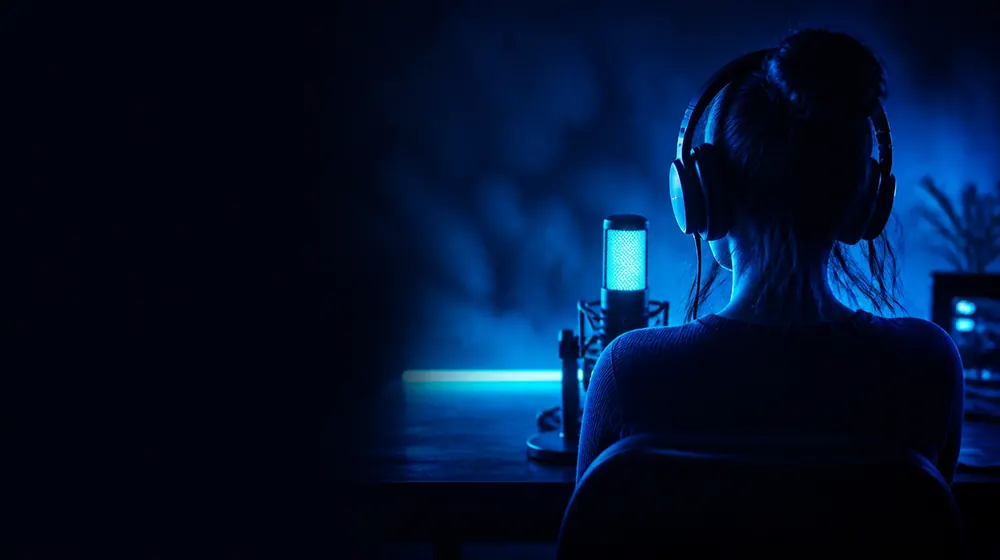JOI OnlyFans creators — woman with headphones at a glowing microphone desk